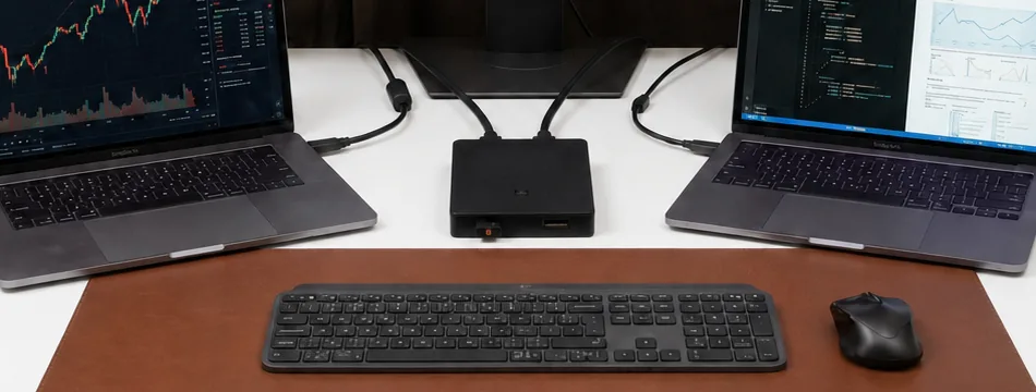 A desk close-up: the MousePass unit sits between two laptops with a USB cable running to each, and one keyboard and one mouse in front of it.